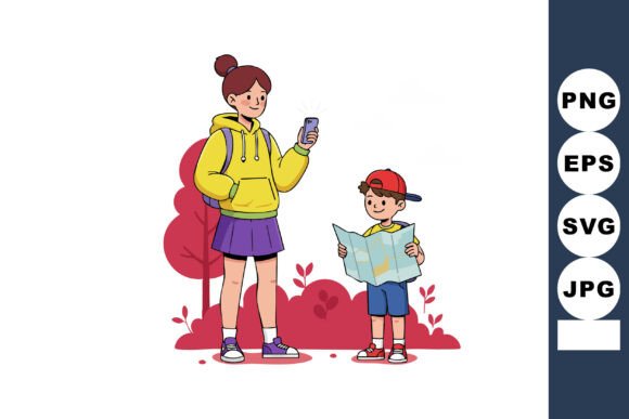 Young Woman and Boy Exploring Outdoors W Graphics & Illustrations