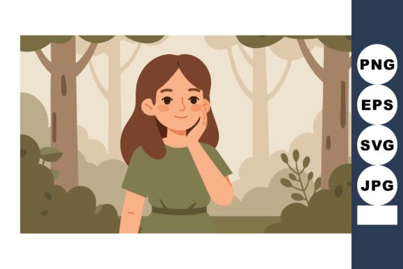 Young Woman Standing in Forest with Tree Graphics & Illustrations